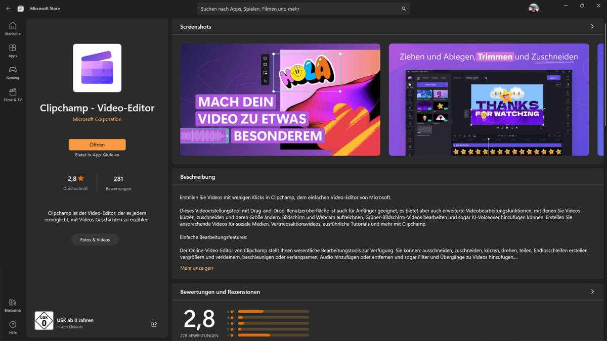 Clipchamp im Microsoft Store