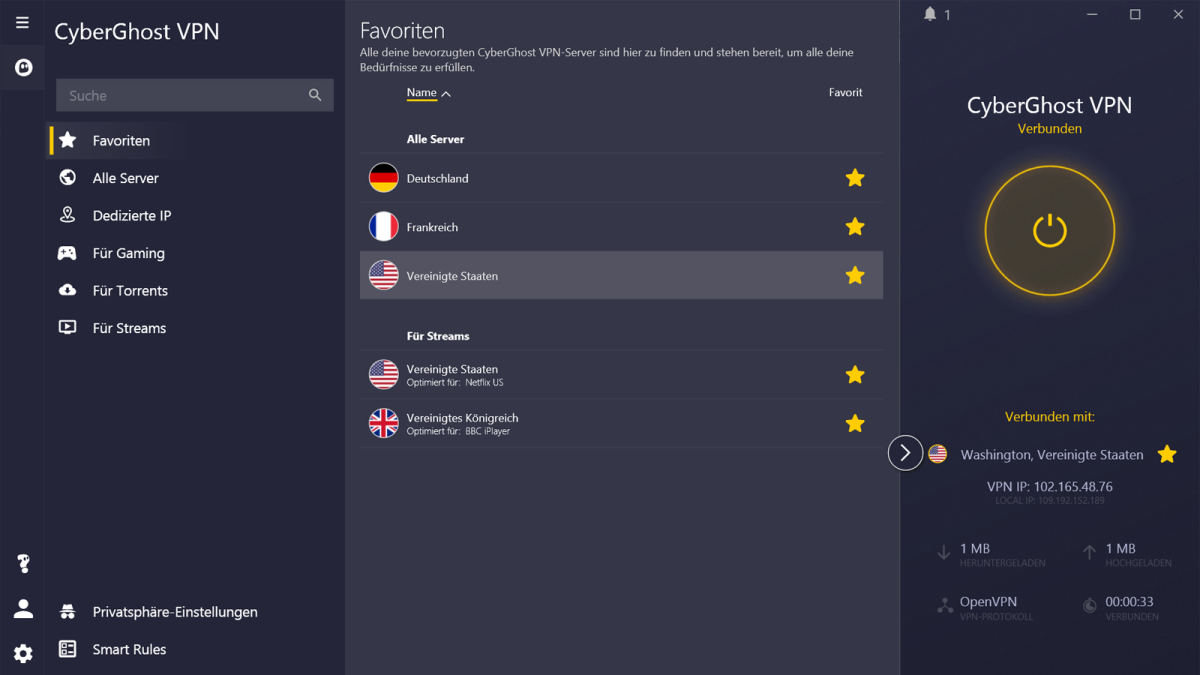 Cyberghost VPN Verbindungen