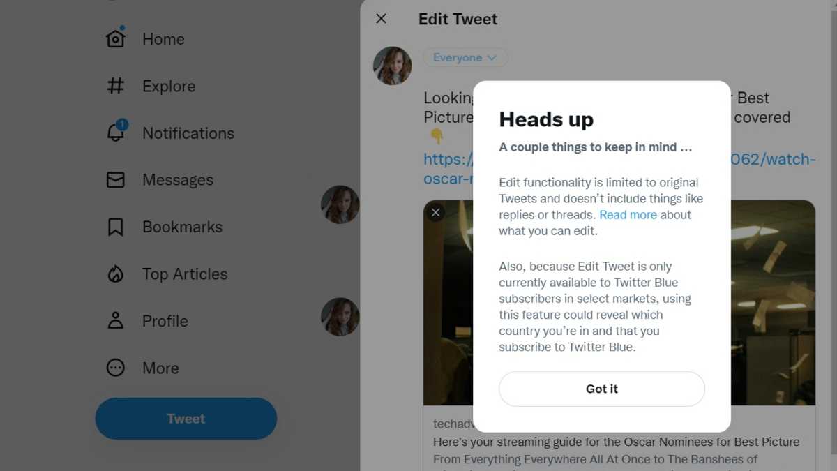 Screenshot of 'edit tweet' function with terms and conditions