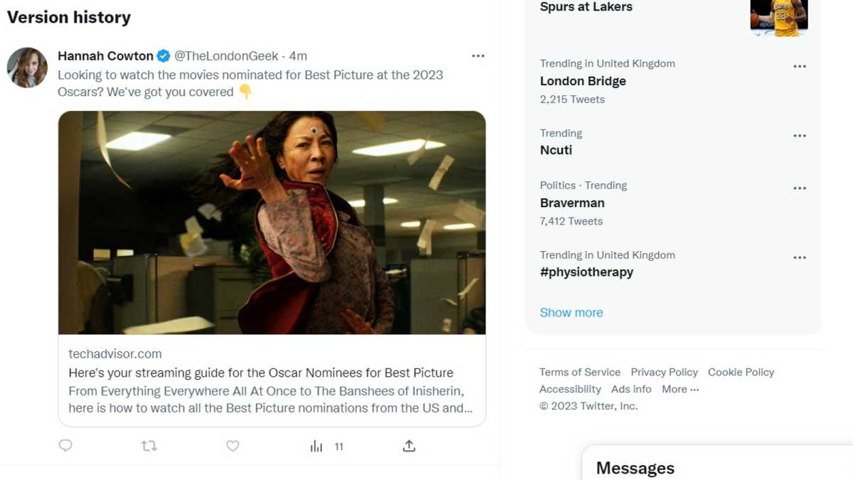 Screenshot of Twitter - 'Version history' of a tweet about the Oscars