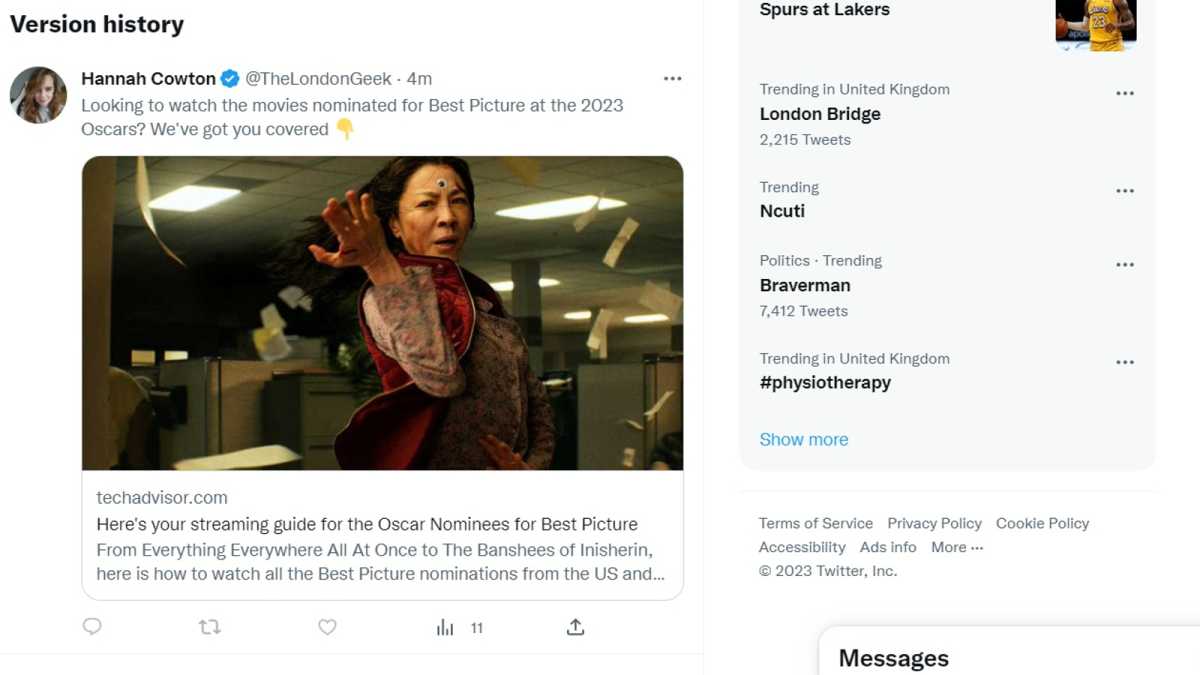 Screenshot of  Twitter - 'Version history' of a tweet about the Oscars