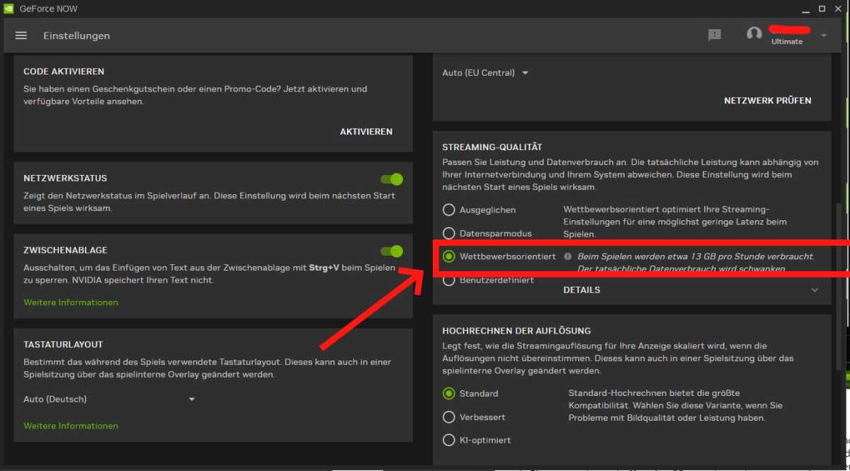 Im Geforce Now Client findet sich unter "Streaming-Qualität" die Einstellung "Wettbewerbsorientiert"
