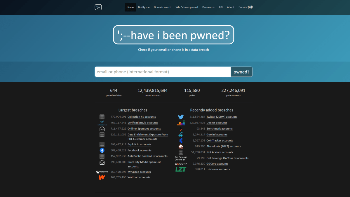 screenshot of the have i been pwned website
