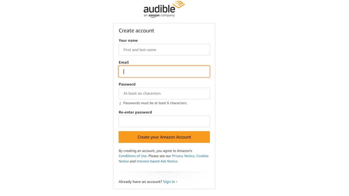 Create an Amazon account on Audible screenshot