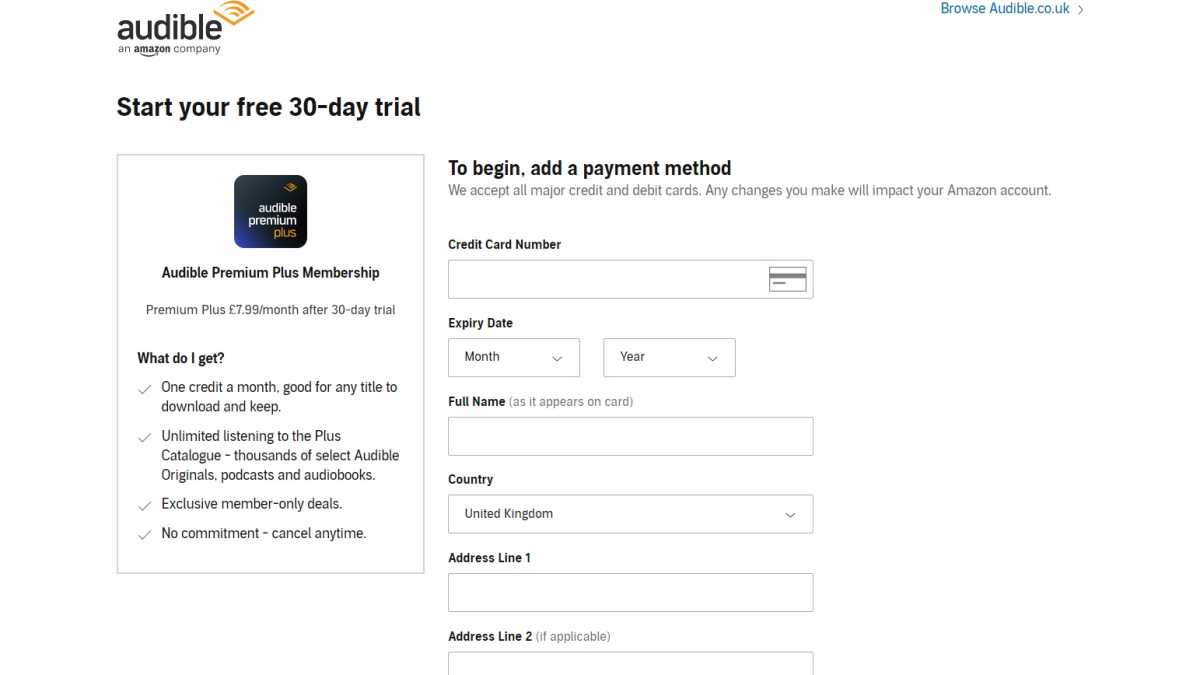 Screenshot of the payment details page for a 30-day free trial of audible