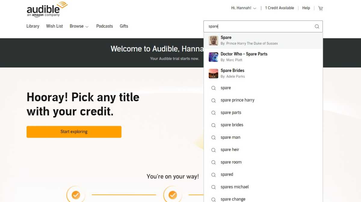 Screenshot of Audible homepage, with 'Spare' entered in the search bar