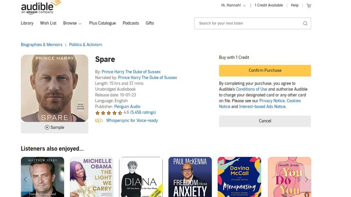 Screenshot of 'Spare' on the Audible website, with customer about to click 'Confirm Purchase'