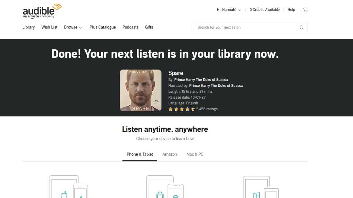 Screenshot of 'Spare' purchased in the Audible library on a web browser