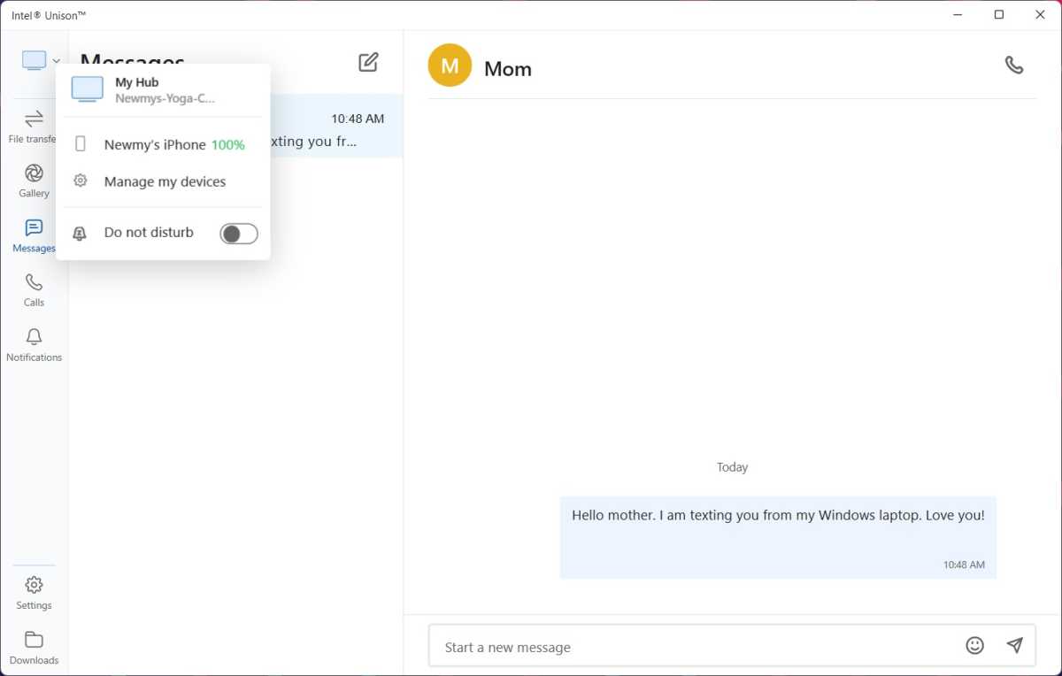 iMessage dans l'application Unison d'Intel sur Windows 11