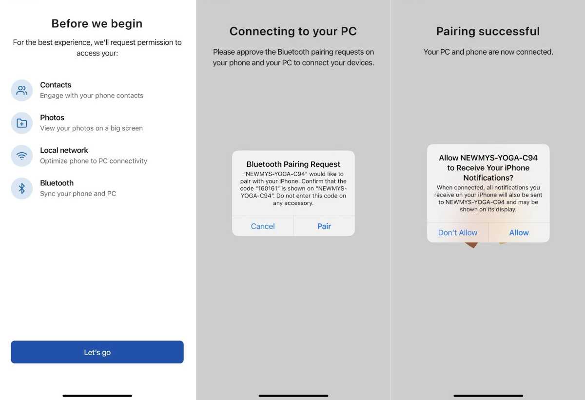 Screenshots of the pairing process with Intel's Unison app