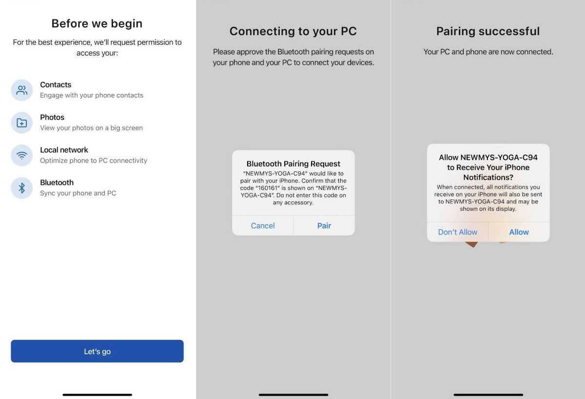 Captures d'écran du processus d'appairage avec l'application Unison d'Intel