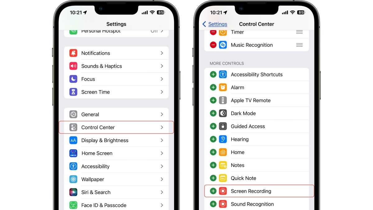 Configuración de grabación de pantalla del centro de control de iOS 16