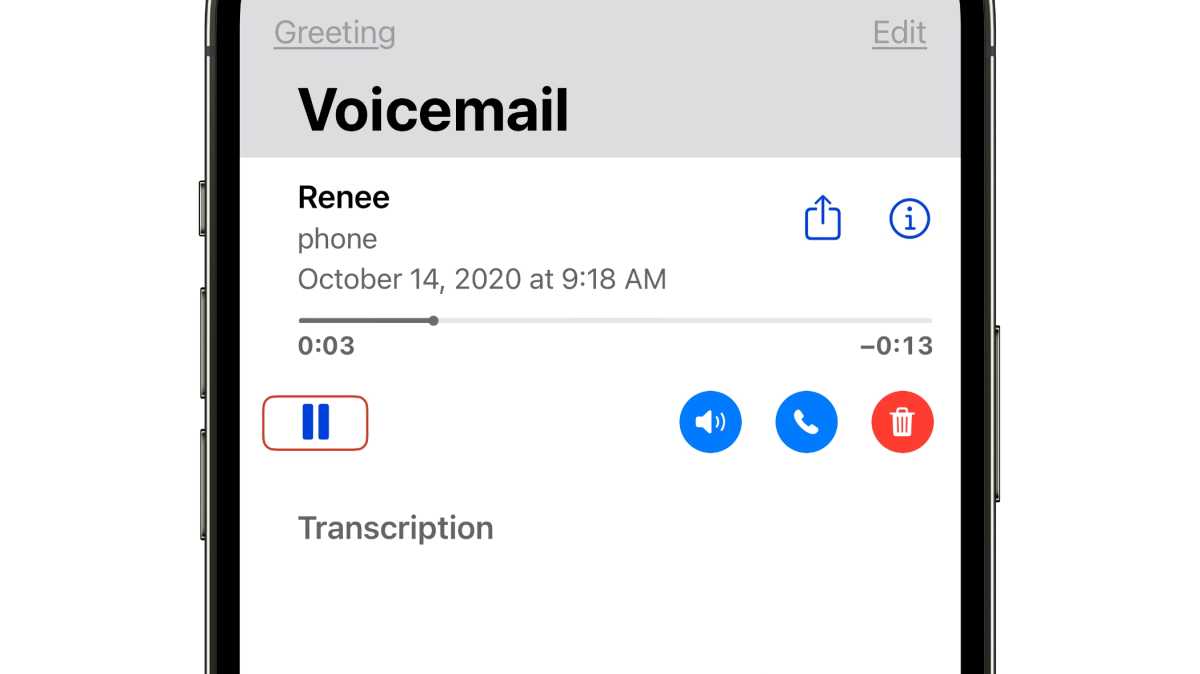 Бутон за възпроизвеждане/пауза на гласовата поща на iOS 16