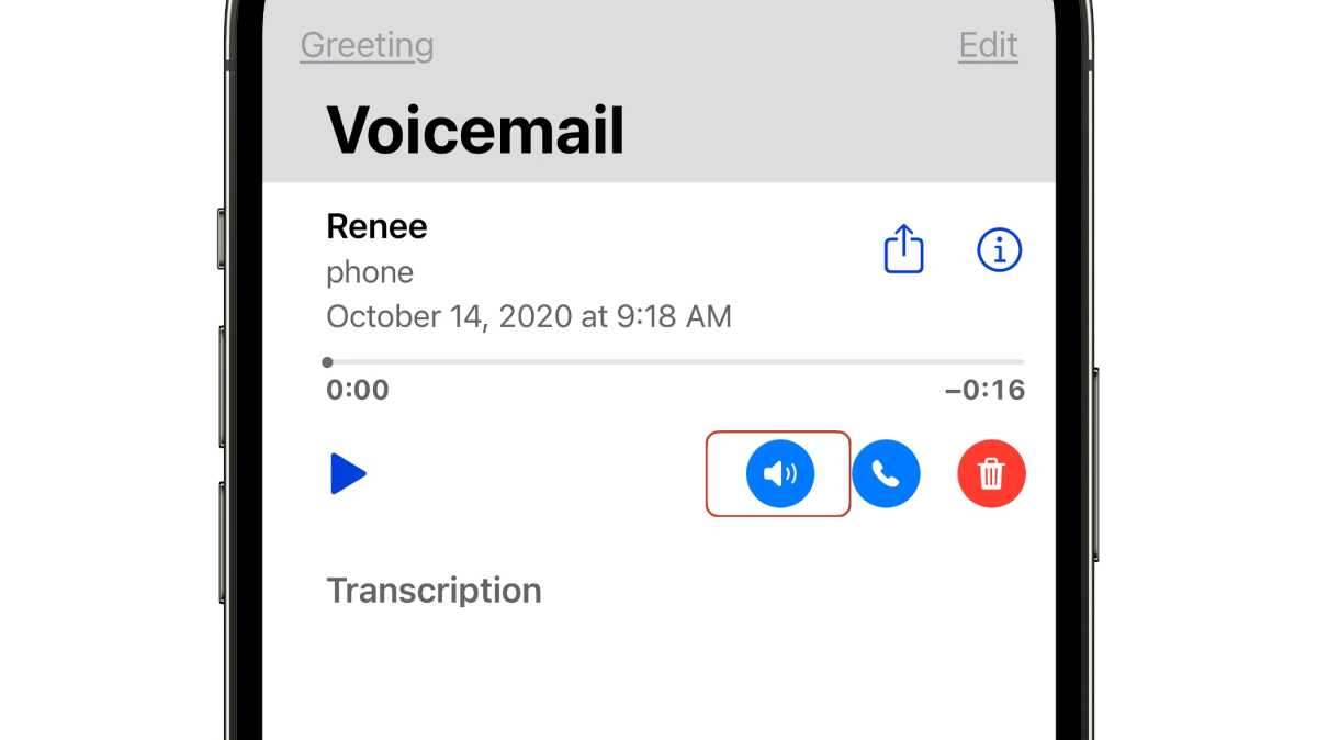 Botón de altavoz del correo de voz de iOS 16