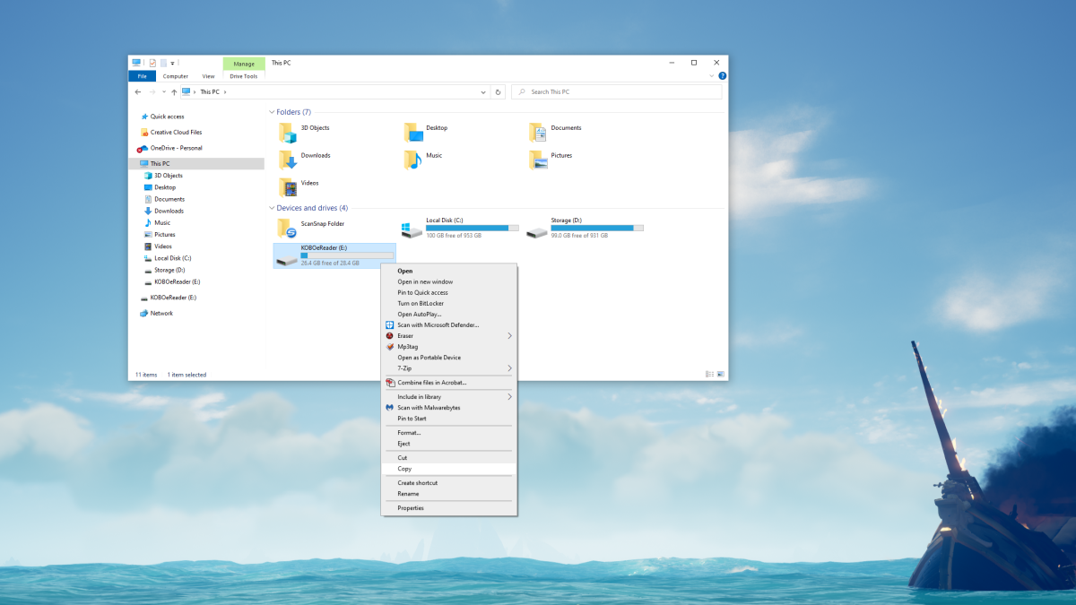 Windows right-click menu for the Kobo Libra 2