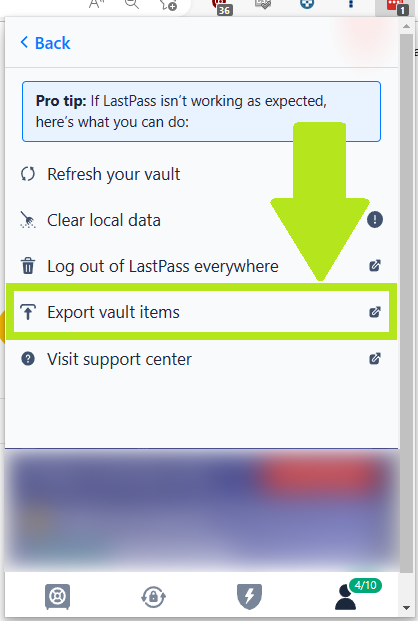 LastPass vault export on mobile - Export vault items option