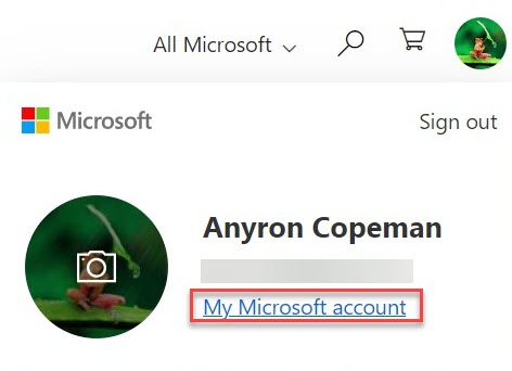 Microsoft website open 'My Microsoft account' page