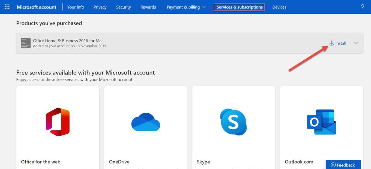 Microsoft 'Services & subscriptions' page