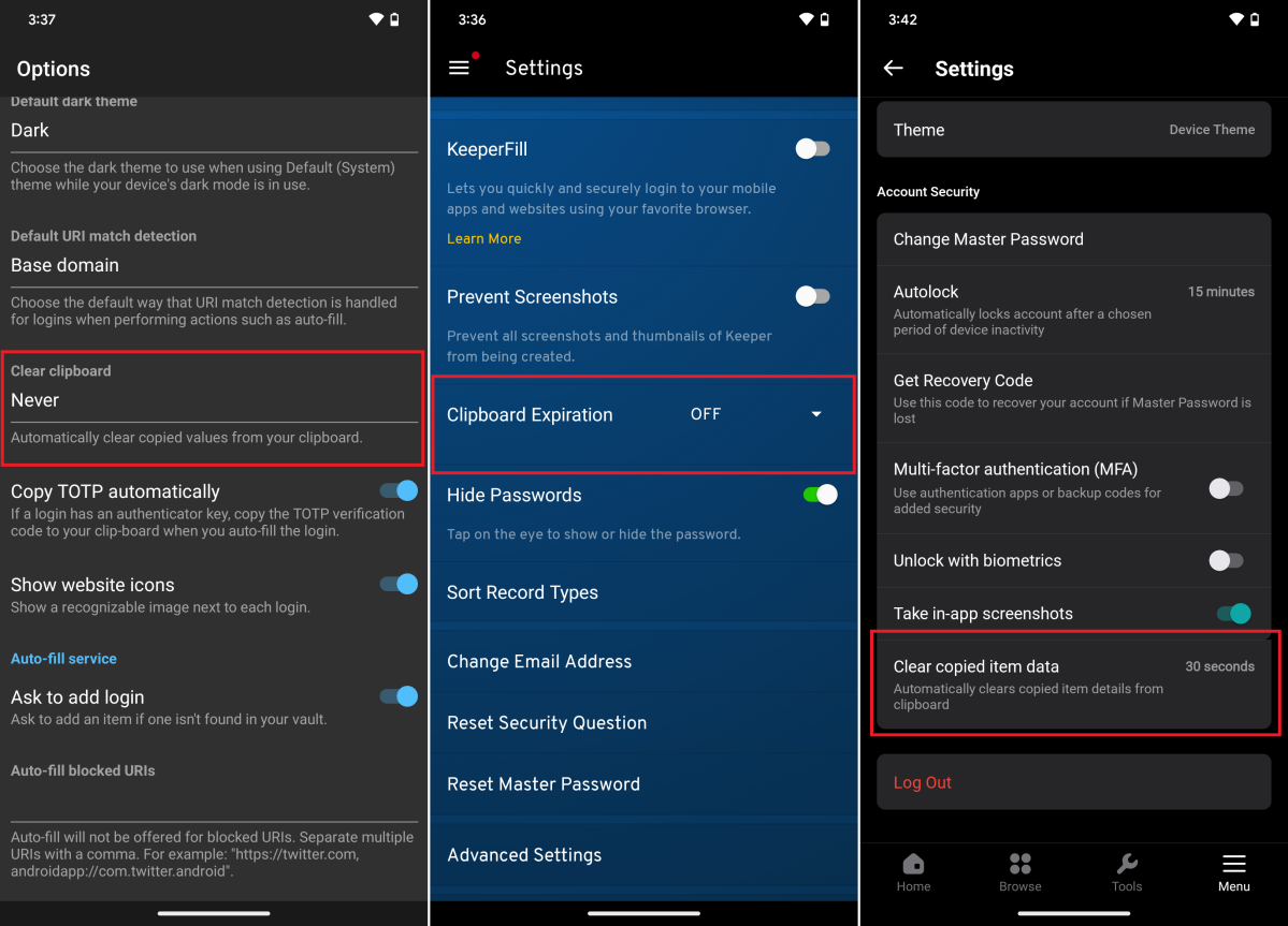 Bitwarden, Keeper, and NordPass's default clipboard settings