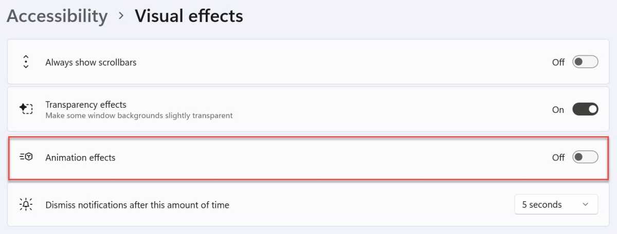 Windows 11 animation effects settings