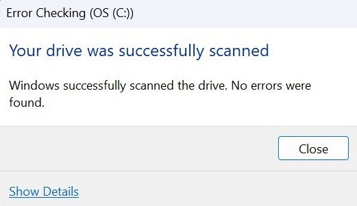 Mensaje de comprobación de errores de Windows 11