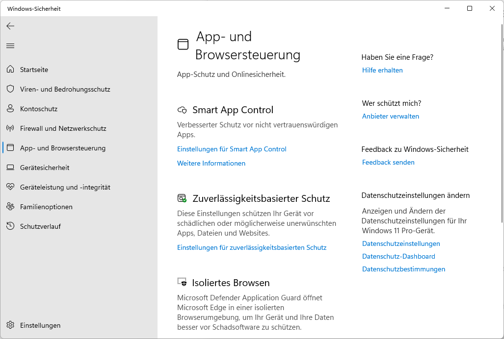 Sie finden die Smart App Control in Windows 11 in den „Einstellungen“ unter „Datenschutz und Sicherheit –› Windows-Sicherheit –› Windows-Sicherheit öffnen –› App- und Browsersteuerung“.