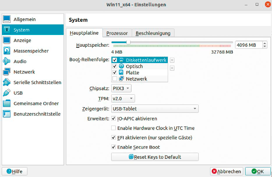 Neue Optionen: Speziell für Windows 11 hat Oracle in Virtualbox 7 eine TPM-Emulation eingebaut. Außerdem lässt sich beim EFI-Modus jetzt auch Secure Boot aktivieren.