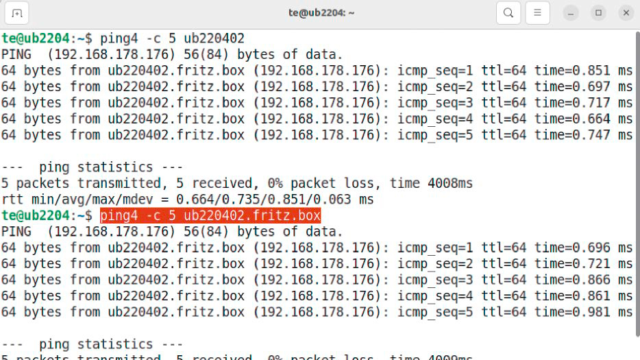 Namen im Netzwerk: Mit ping4 lässt sich prüfen, ob ein Rechner über seinen Namen und auch über einen lokalen Domainnamen wie „.fritz.box“ oder „.local“ erreichbar ist.