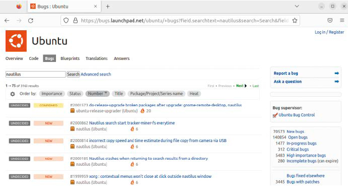 Fehlerberichte: Bei https://bugs.launchpad.net/ubuntu finden Sie eingesandte Fehlerberichte zu einzelnen Ubuntu-Paketen und oft auch Problemlösungen.