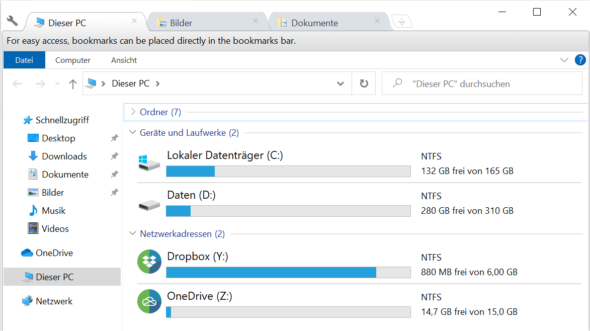 Zwei neue Explorer-Funktionen von Windows 11 auch in Version 10: oben die praktischen Tabs, darunter die Füllstandsanzeige von Onedrive und weiterer Cloudspeicher.