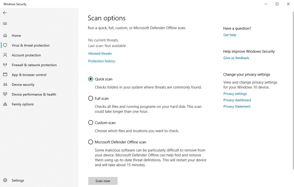 Opzioni di scansione di sicurezza di Windows