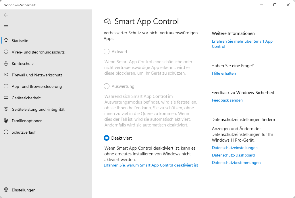 Die Smart App Control lässt sich nur bei einer Neuinstallation von Windows 11 aktivieren. Haben Sie ein Update von Windows 10 durchgeführt, bleibt die Funktion ausgeschaltet.