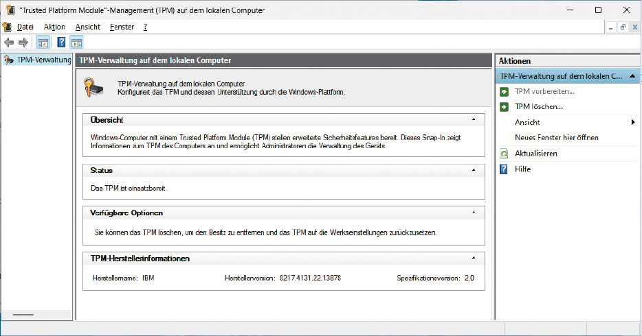 Windows-Installation prüfen: Mit TPM (Trusted Platform Module) kann Windows 11 erweiterte Sicherheitsfunktionen nutzen. Ob TPM arbeitet, kann das Tool „tpm.msc“ feststellen.
