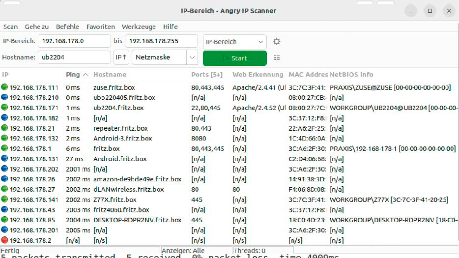 IP-Bereich prüfen: Angry IP Scanner ermittelt, welche Geräte im Netzwerk aktiv und welche Ports geöffnet sind. Welche Ports das Tool prüfen soll, lässt sich einstellen.