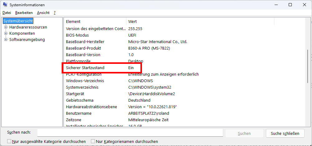 In den „Systeminformationen“ von Windows können Sie erkennen, ob der Secure Boot auf Ihrem Rechner eingerichtet und aktiv ist.
