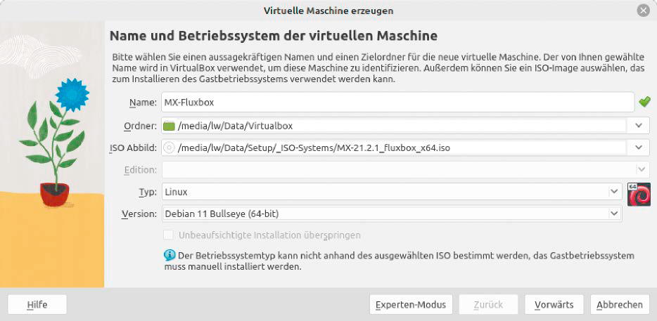 Anlegen einer neuen VM: Das „ISO-Abbild“ mit dem Installationsmedium des gewünschten Systems ist in Virtualbox 7 eine erste und wichtigste Entscheidung.