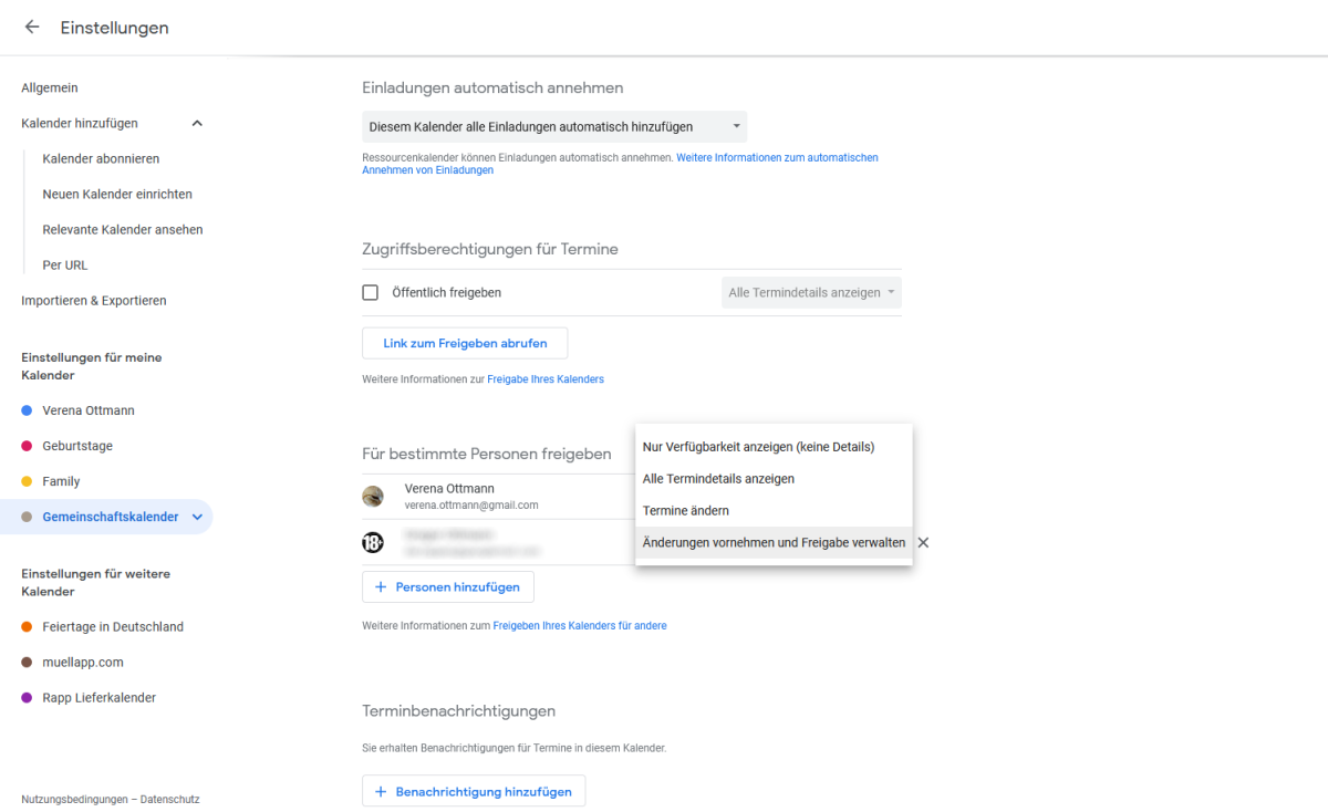 Möchten Sie Ihren Google Kalender einem weiteren Benutzer freigeben, verschicken Sie den Link ganz einfach per Mail an die gewünschte Person und erteilen ihr die nötigen Berechtigungen. Allerdings setzt der Google Kalender einen Gmail-Account voraus.