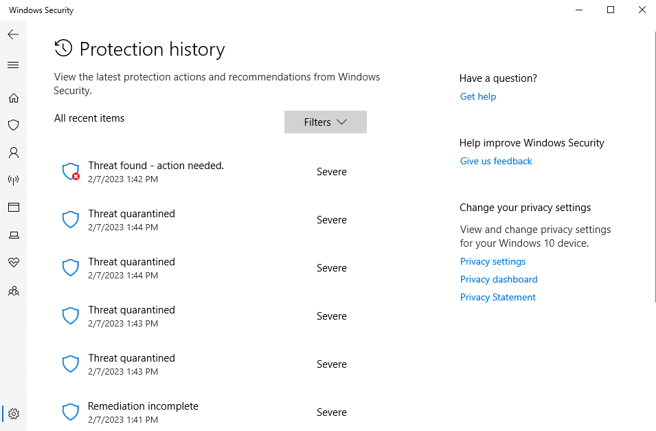 Cronologia di protezione della sicurezza di Windows