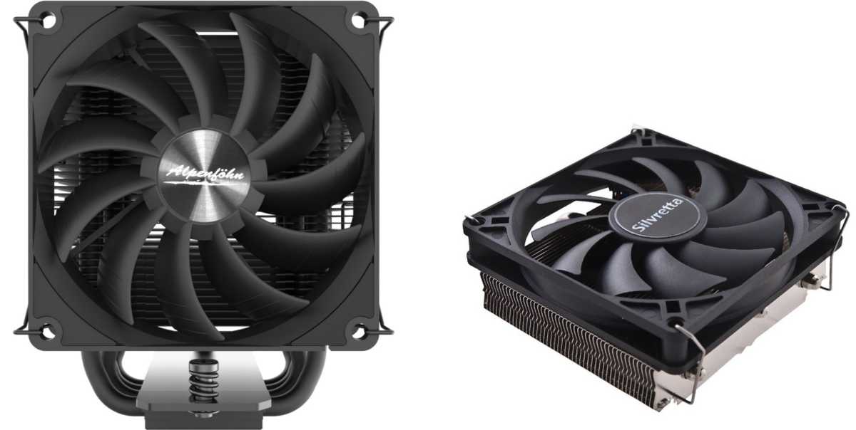 Zwei CPU-Heatpipe-Kühler unterschiedlicher Bauart: links ein größeres Tower-Modell, rechts ein flacher Top-Blower mit einer Bauhöhe von nur 45 Millimetern.