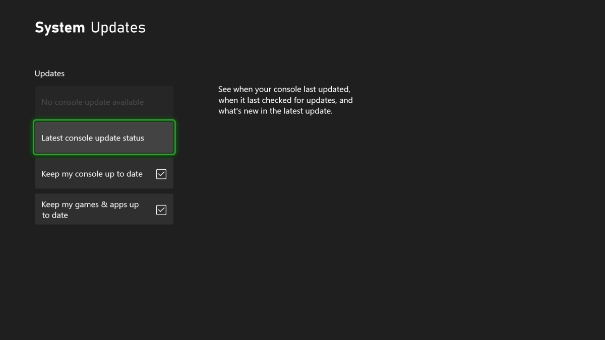 Xbox Dashboard System Updates menu (Feb 2023)