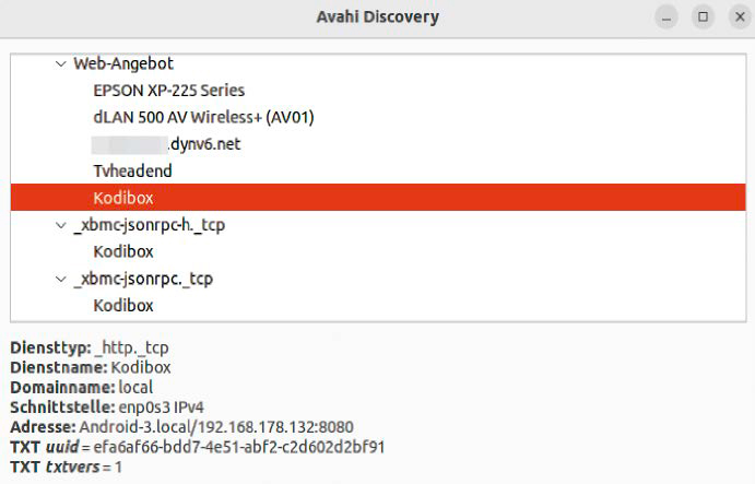 Einige, aber nicht alle Dienste melden sich hier: Avahi Discover zeigt Server an, die ihr Angebot im Netzwerk bekannt geben. Die Information enthält Name, IP-Adresse und Port des Dienstes.