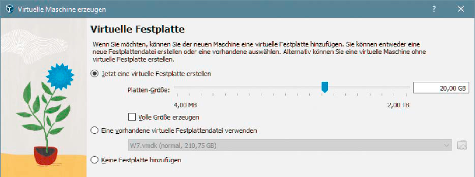 Anlegen der Festplatte: Dynamische Festplatten belegen anfänglich wenig Platz, lassen sich später leicht vergrößern, sind aber langsamer als Laufwerke mit statischer Größe („Volle Größe“).