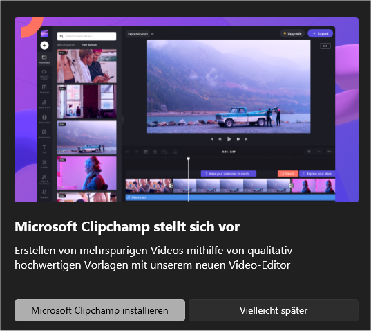 Die neue Video-Editor- App „Clipchamp“ steht nicht nur im neuen Betriebssystem, sondern auch unter Windows 10 nach der Installation aus dem Microsoft Store zur Verfügung.