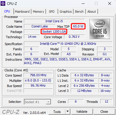 Das Tool CPU-Z zeigt, in welchem Sockel der Hauptprozessor steckt und wieviel Abwärme die CPU entwickelt: hier die Intel-Plattform LGA 1200 und als Leistung 65 Watt.