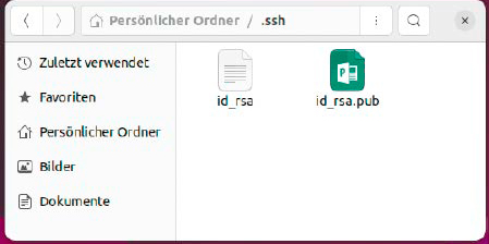 Es werden zwei Schlüsseldateien angelegt. Die öffentliche Datei des Nutzers, der auf den Server zugreifen soll, muss zum Server kopiert werden.
