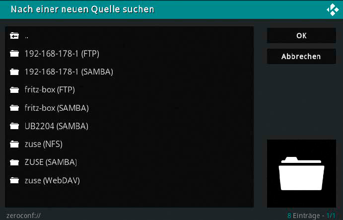 Medienquellen in Kodi finden: Der „Zeroconf-Browser“ zeigt beispielsweise Samba-, NFS- und FTP-Freigaben an. Für die direkte Einbindung muss aber ein Zugang ohne Anmeldung möglich sein.