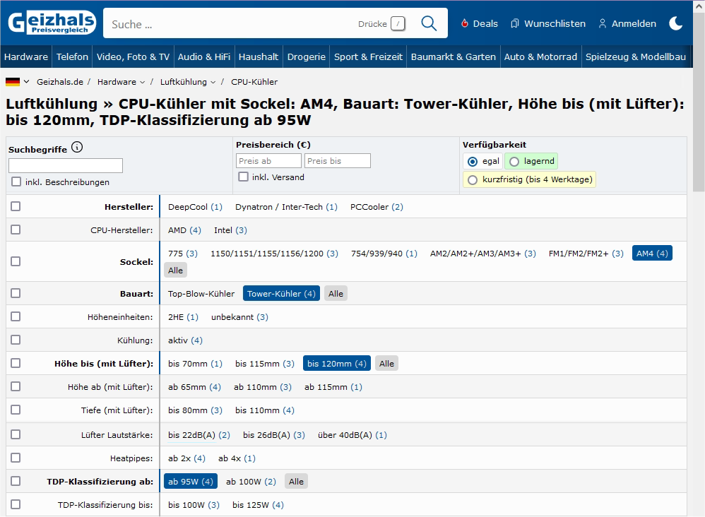 Благодаря различным фильтрам поиск в Интернете через Geizhals.de позволяет легко отображать только те модели вентиляторов ЦП, которые подходят для вашего компьютера.