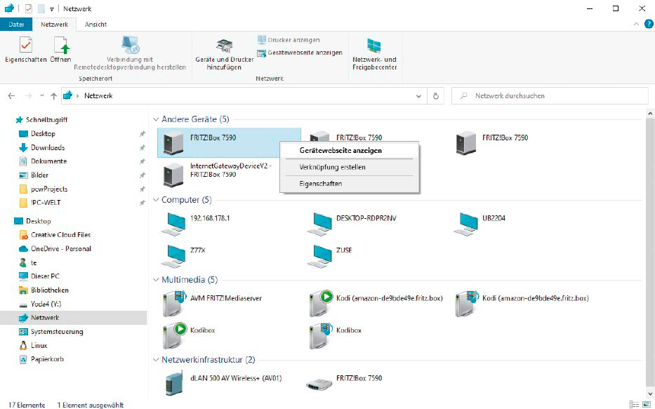 Gesprächigeres Windows: Der Windows-Explorer zeigt fast den gesamten Gerätepark im Netzwerk an. Über das Kontextmenü gelangt man – wenn vorhanden – zur Gerätewebseite.