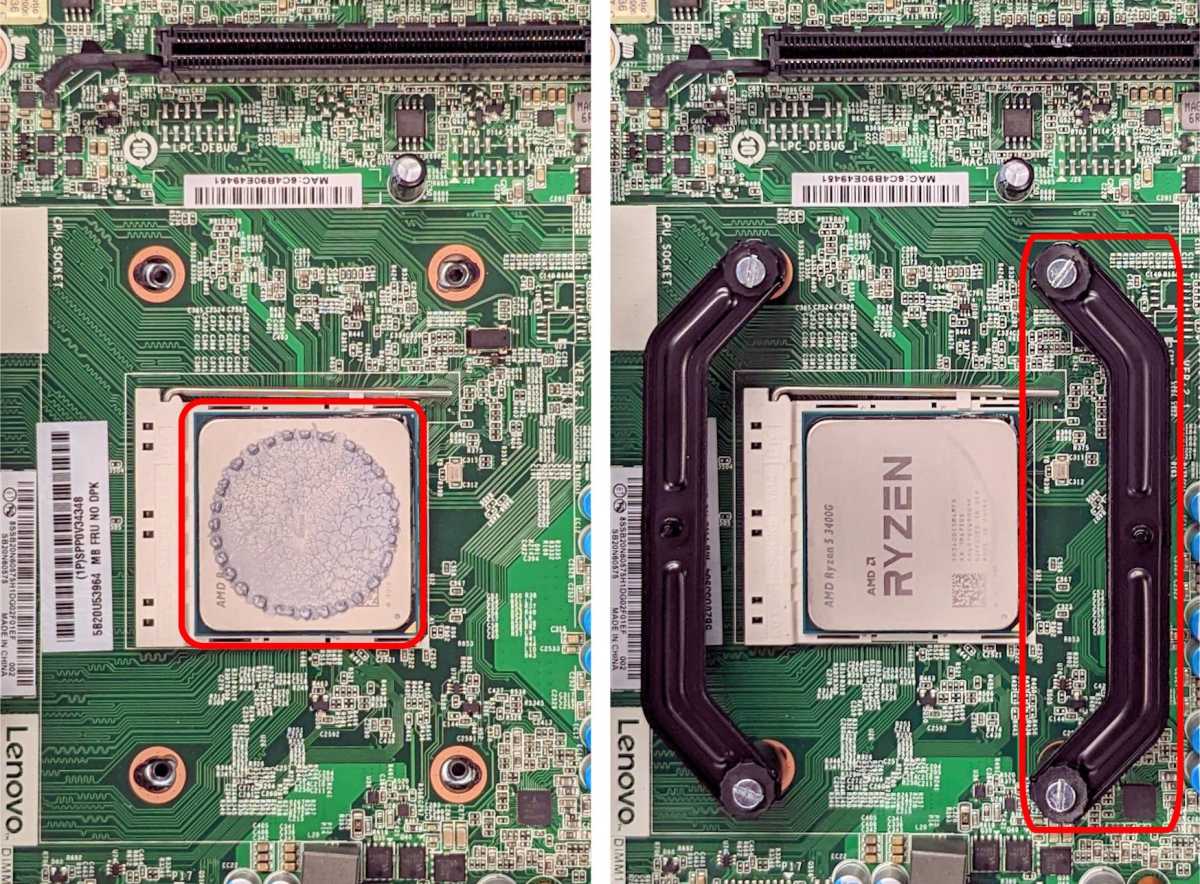 Der eingebaute Standardkühler (links) bedeckte nur etwa die Hälfte der CPU-Oberfläche, der neue Heatpipe- Kühler rechts im Bild wird auf zwei Haltestegen befestigt.