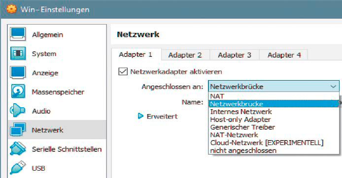 Wichtige Netzwerkeinstellung: Wenn die VM wie ein gleichberechtigter Rechner im lokalen Netz arbeiten soll (etwa als Server), hilft die Umstellung von „NAT“ auf „Netzwerkbrücke“.